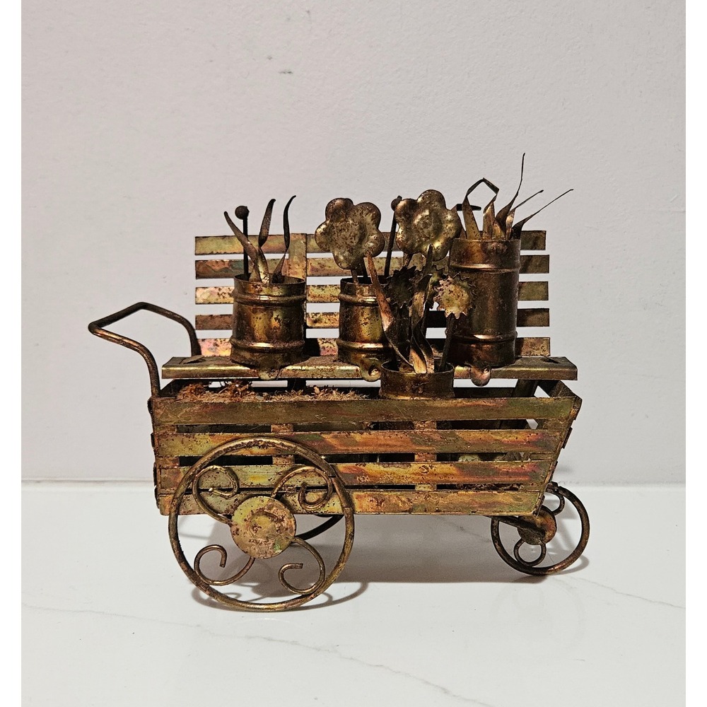 Vintage Miniature Metal Flower Cart Sculpture Rustic Brass Tone Garden Decor
